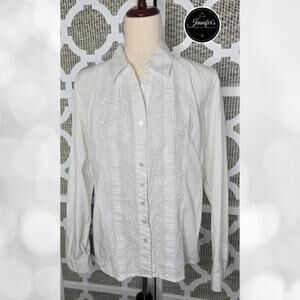 Toffee Apple Women's White Embroidered Front Long Sleeve Blouse Size Large